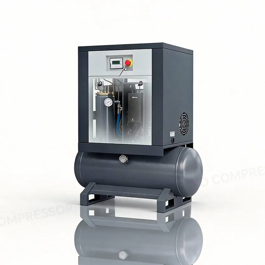 Inside back right view of a 2 in 1 screw air compressor showing internal components and layout