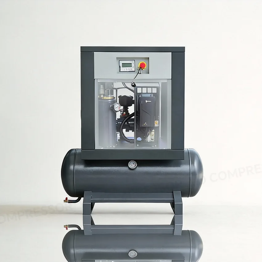 Inside back view of a 2 in 1 screw air compressor showing internal structure and component layout