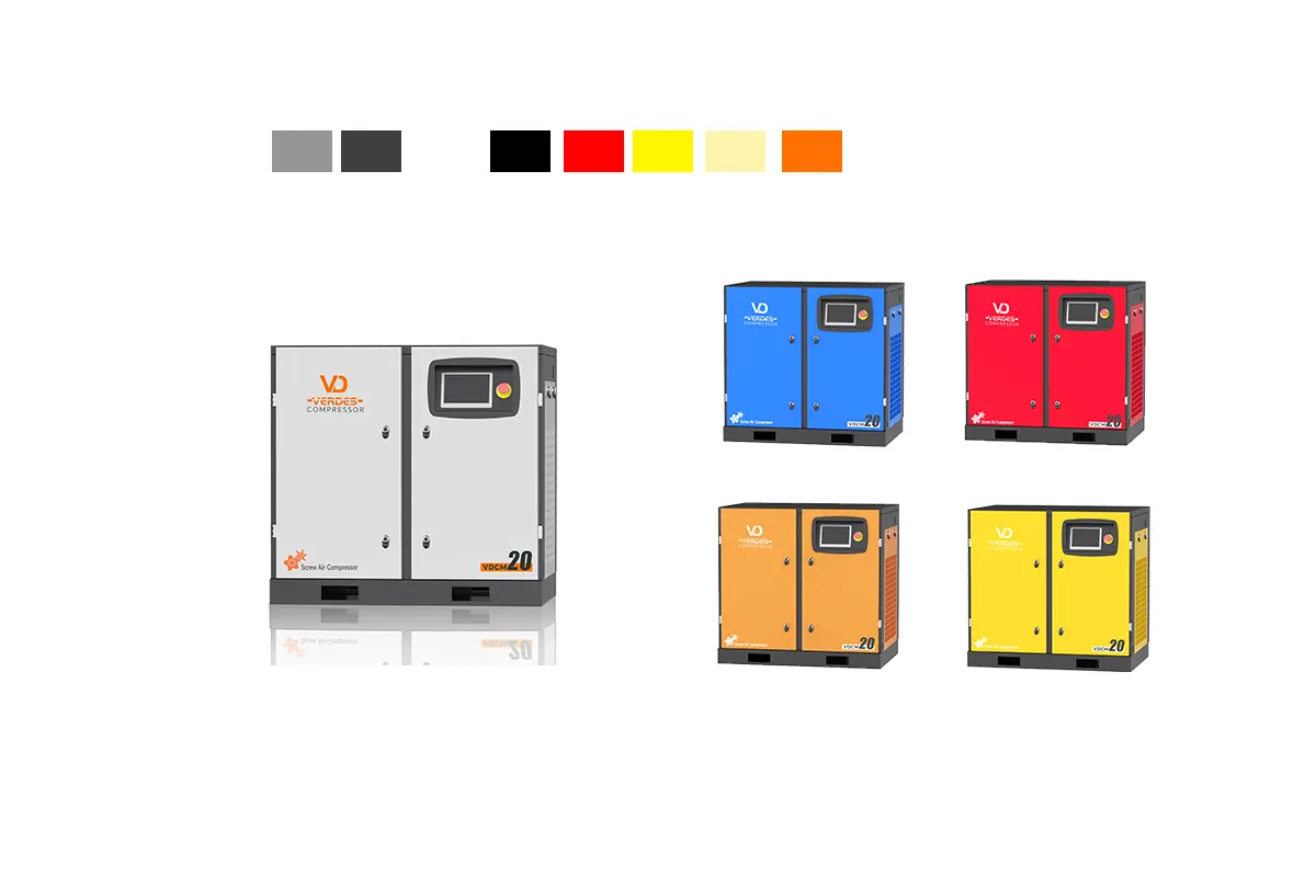Custom color options for VD air compressors, showing brand-matched industrial equipment painted in client-specific colors
