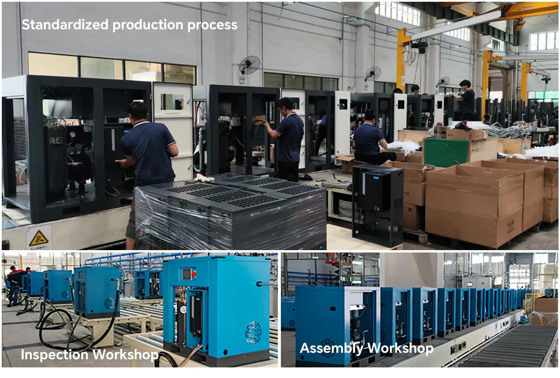 VD compressor production workers are producing air compressors according to the standard production process