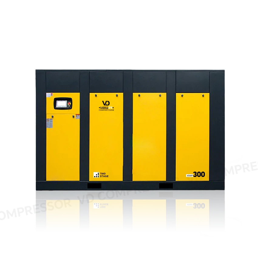 Front side view of a 300 HP two-stage screw air compressor designed for heavy industrial applications