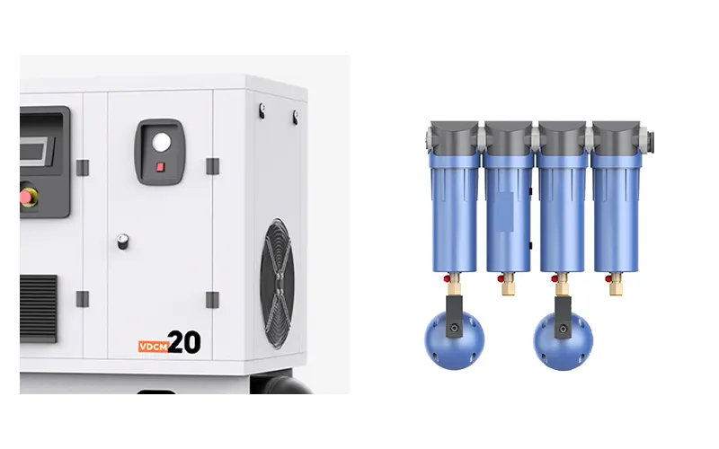 Refrigerated air dryer and pipe line filter integrated in all in one screw compressor for dry and clean compressed air