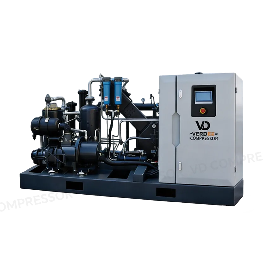 Close-up technical detail of high pressure booster, showing the core compression structure, air inlet and outlet pipelines and pressure control components for stable pressure boosting