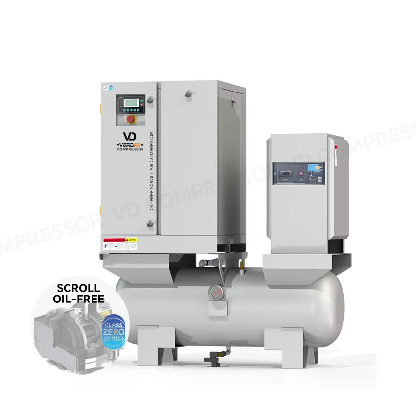 VD oil-free scroll compressor integrated with a refrigerant dryer and filtration system on a single skid