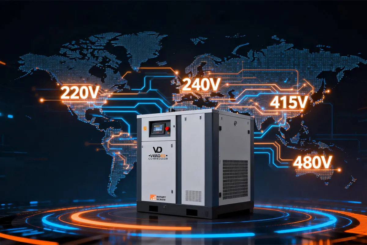 VD Verdes air compressor customized for global voltage standards (220V, 380V, 400V, 415V, 440V,480V), ensuring plug-and-play compatibility worldwide.