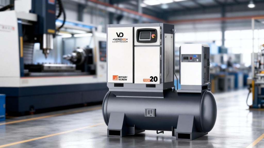 VD Compressor Industrial-grade 4 in 1 screw air compressor with tank in a clean manufacturing workshop, positioned in front of a CNC machine.