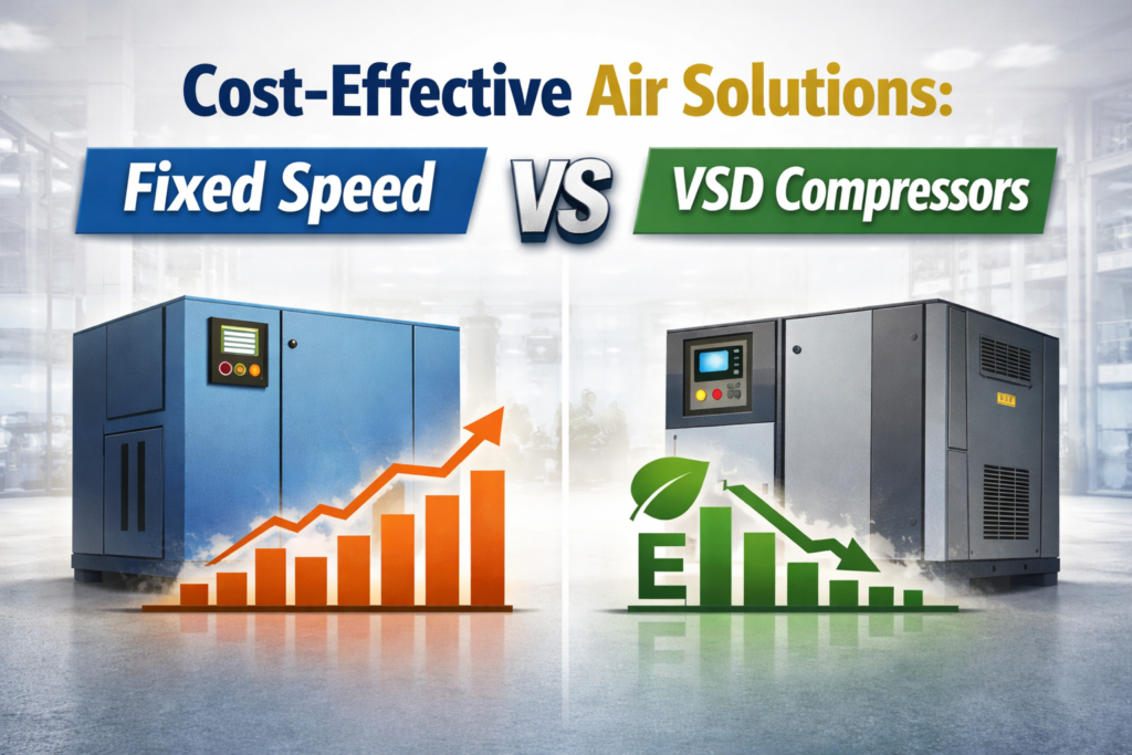 The image compares a Fixed Speed air compressor (left) with a VSD air compressor (right). The title "Cost-Effective Air Solutions" is displayed above