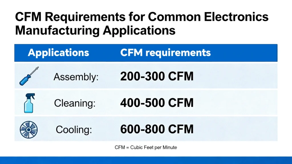 CFM requirements chart for electronics manufacturing: assembly, cleaning, cooling