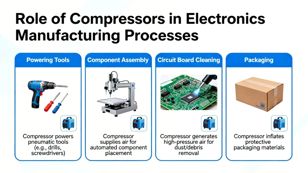 Infographic showing the role of  air compressors in electronics manufacturing processes: powering tools, component assembly, circuit board cleaning, and packaging