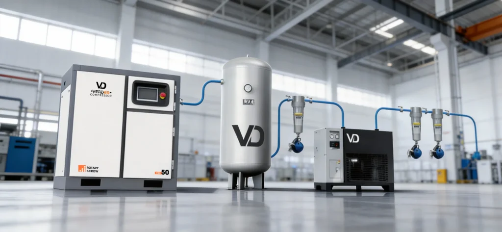 Product collection page banner from VD compressor, a professional industrial air compressor manufacturer, showcasing our complete VD compressed air system including air compressor, air tank, dryer and filters, highlighting our full range of reliable compressed air solutions