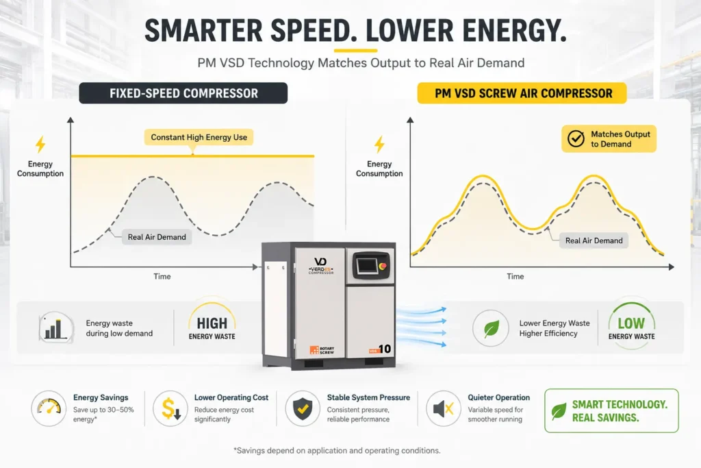 PM VSD screw air compressor reduces energy consumption by matching air demand